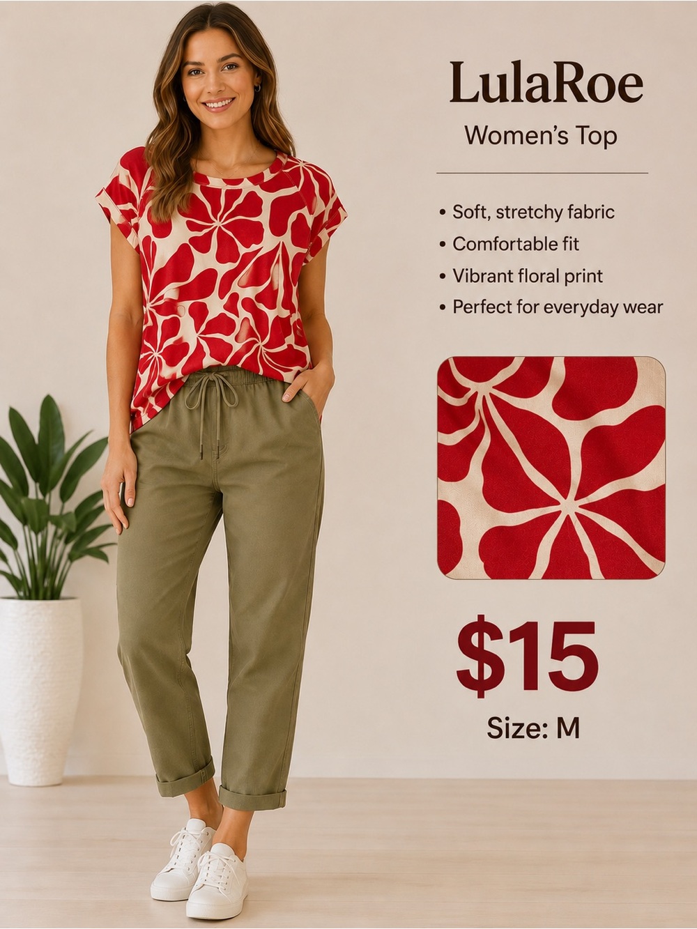 LuLaRoe Red Floral on Cream Short-Sleeve Tunic